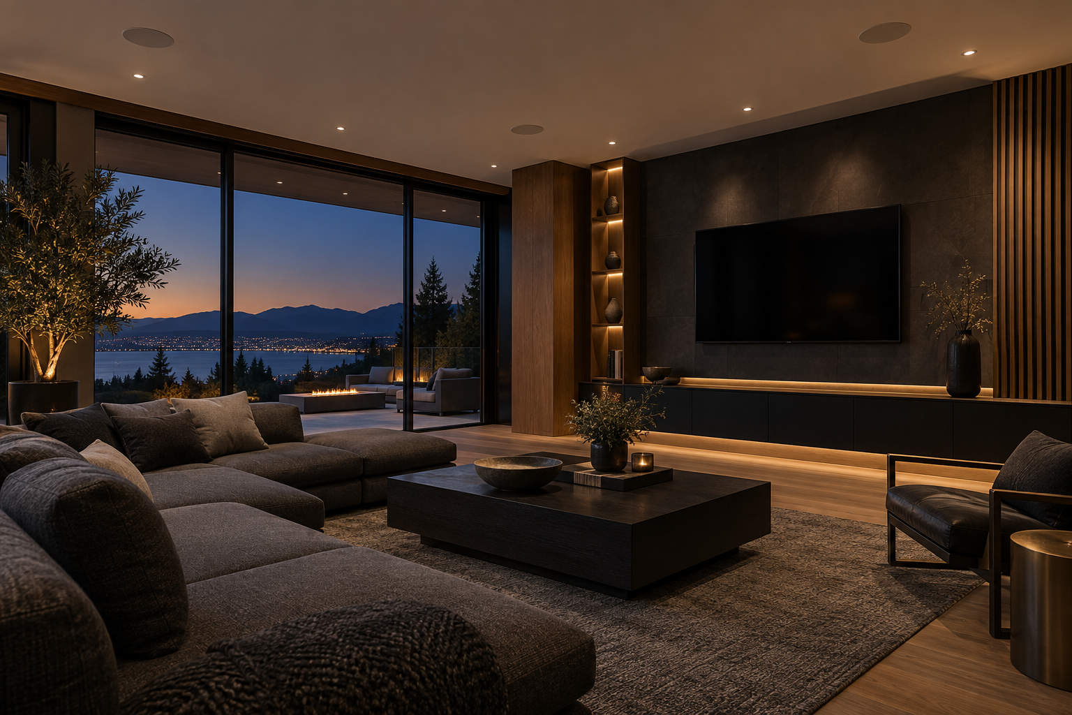 Illustrative contemporary living room with integrated speakers, television, and warm architectural lighting