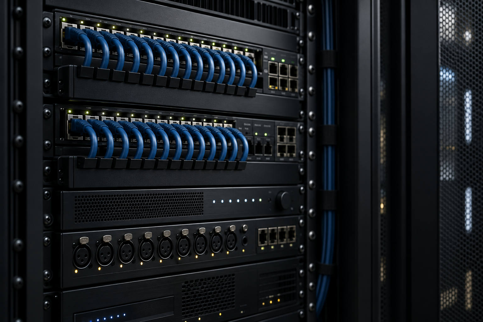 Illustrative detail of neatly organized networking equipment and blue patch cables